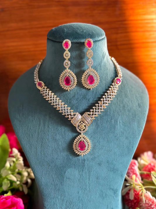 Red Color American Diamond Necklace Earring Set