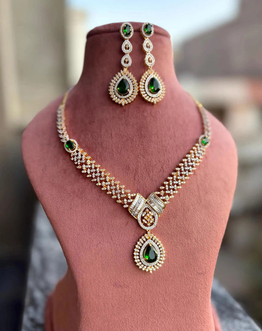 Green Color American Diamond Necklace Earring Set